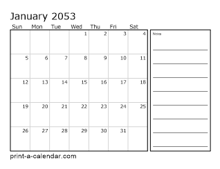 2053 Monthly Calendar with Notes