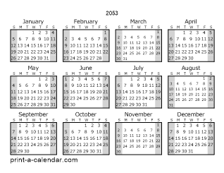 2053 Yearly Calendar (Style 1)