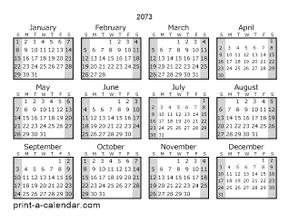 2073 Yearly Calendar (Style 1)