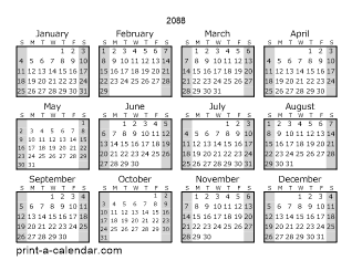 2088 Yearly Calendar (Style 1)