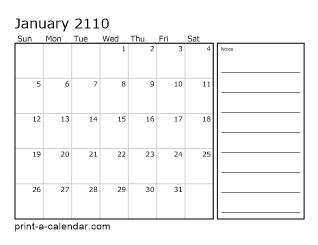 2110 Monthly Calendar with Notes