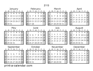 2113 Yearly Calendar (Style 1)