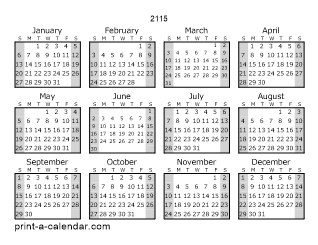 2115 Yearly Calendar (Style 1)