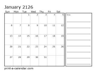 2126 Monthly Calendar with Notes