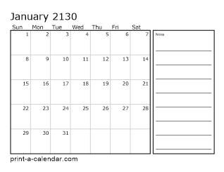 2130 Monthly Calendar with Notes