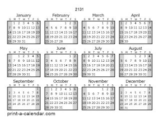 2131 Yearly Calendar (Style 1)