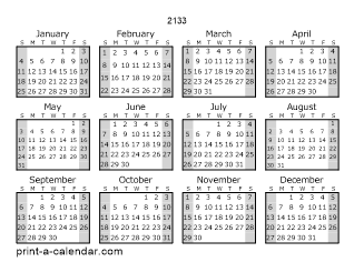 2133 Yearly Calendar (Style 1)