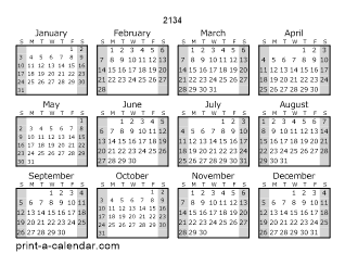 2134 Yearly Calendar (Style 1)