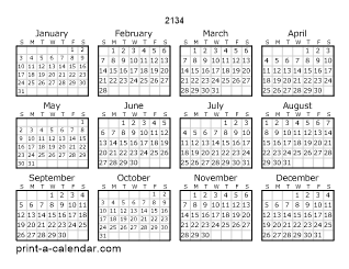 2134 Yearly Calendar | One page Calendar