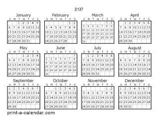 2137 Yearly Calendar | One page Calendar