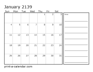 2139 Monthly Calendar with Notes