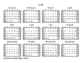 2142 Yearly Calendar (Style 1)