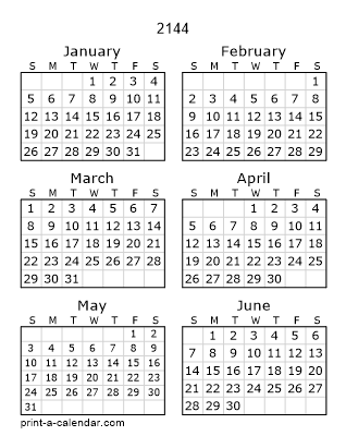 2144 Two Page Yearly Calendar | Six months per page