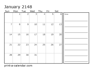 2148 Monthly Calendar with Notes