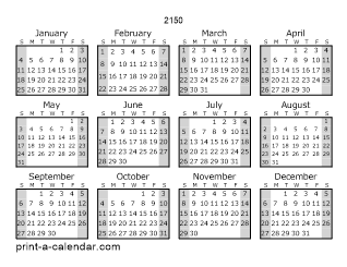 2150 Yearly Calendar (Style 1)