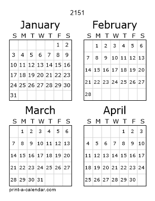 2151 Three Page Yearly Calendar | Four months per page