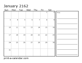 2162 Monthly Calendar with Notes