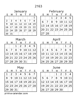 2163 Two Page Yearly Calendar | Six months per page