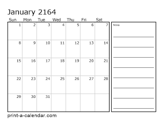 2164 Monthly Calendar with Notes