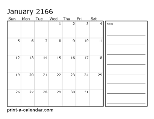 2166 Monthly Calendar with Notes