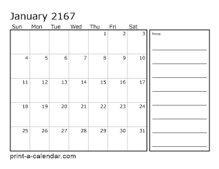 2167 Monthly Calendar with Notes