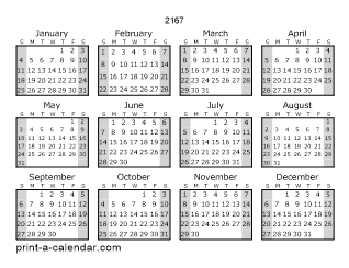 2167 Yearly Calendar (Style 1)