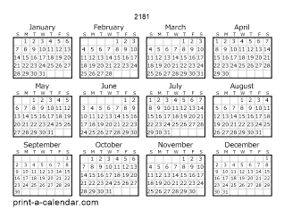 2181 Yearly Calendar | One page Calendar