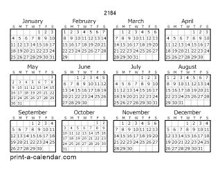 2184 Yearly Calendar | One page Calendar