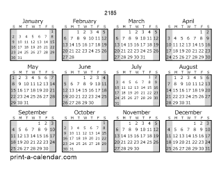 2185 Yearly Calendar (Style 1)