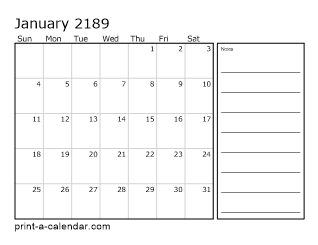 2189 Monthly Calendar with Notes