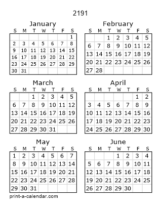 2191 Two Page Yearly Calendar | Six months per page