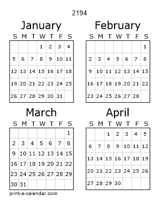 2194 Three Page Yearly Calendar | Four months per page