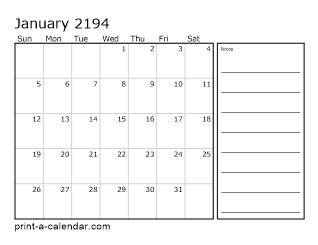 2194 Monthly Calendar with Notes