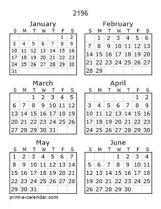 2196 Two Page Yearly Calendar | Six months per page