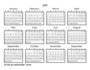 2200 Yearly Calendar | One page Calendar