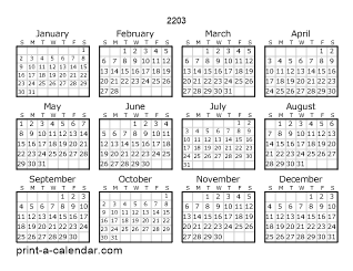 2203 Yearly Calendar | One page Calendar