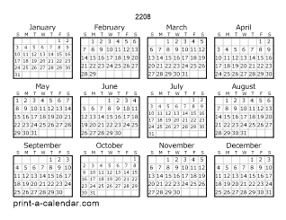 2208 Yearly Calendar | One page Calendar