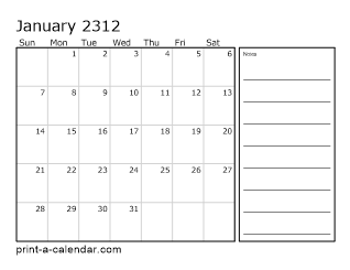 2312 Monthly Calendar with Notes