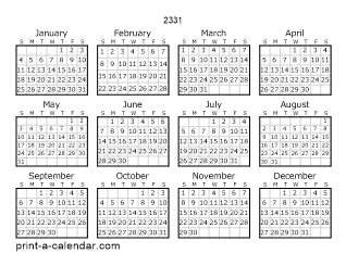 2331 Yearly Calendar | One page Calendar