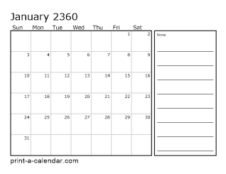 2360 Monthly Calendar with Notes