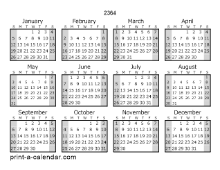 2364 Yearly Calendar (Style 1)