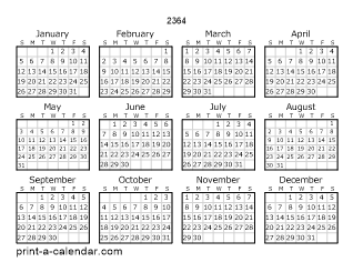 2364 Yearly Calendar | One page Calendar