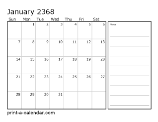 2368 Monthly Calendar with Notes