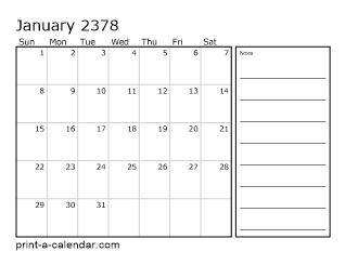 2378 Monthly Calendar with Notes