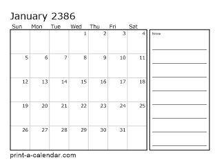 2386 Monthly Calendar with Notes