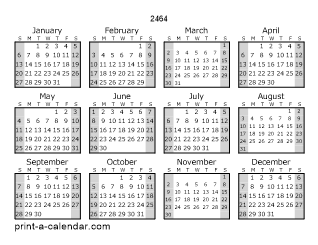 2464 Yearly Calendar (Style 1)