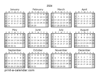 2524 Yearly Calendar (Style 1)