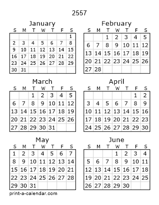 2557 Two Page Yearly Calendar | Six months per page