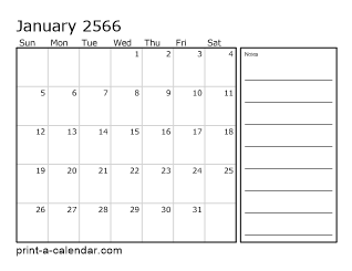 2566 Monthly Calendar with Notes