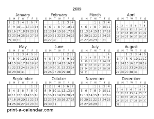 2609 Yearly Calendar | One page Calendar